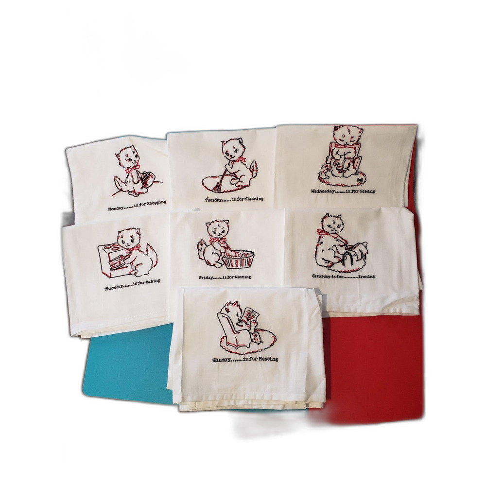 7Days Of The Week Kitty Cat Embroidered VTG Tea Towels White Cotton Cottagecore